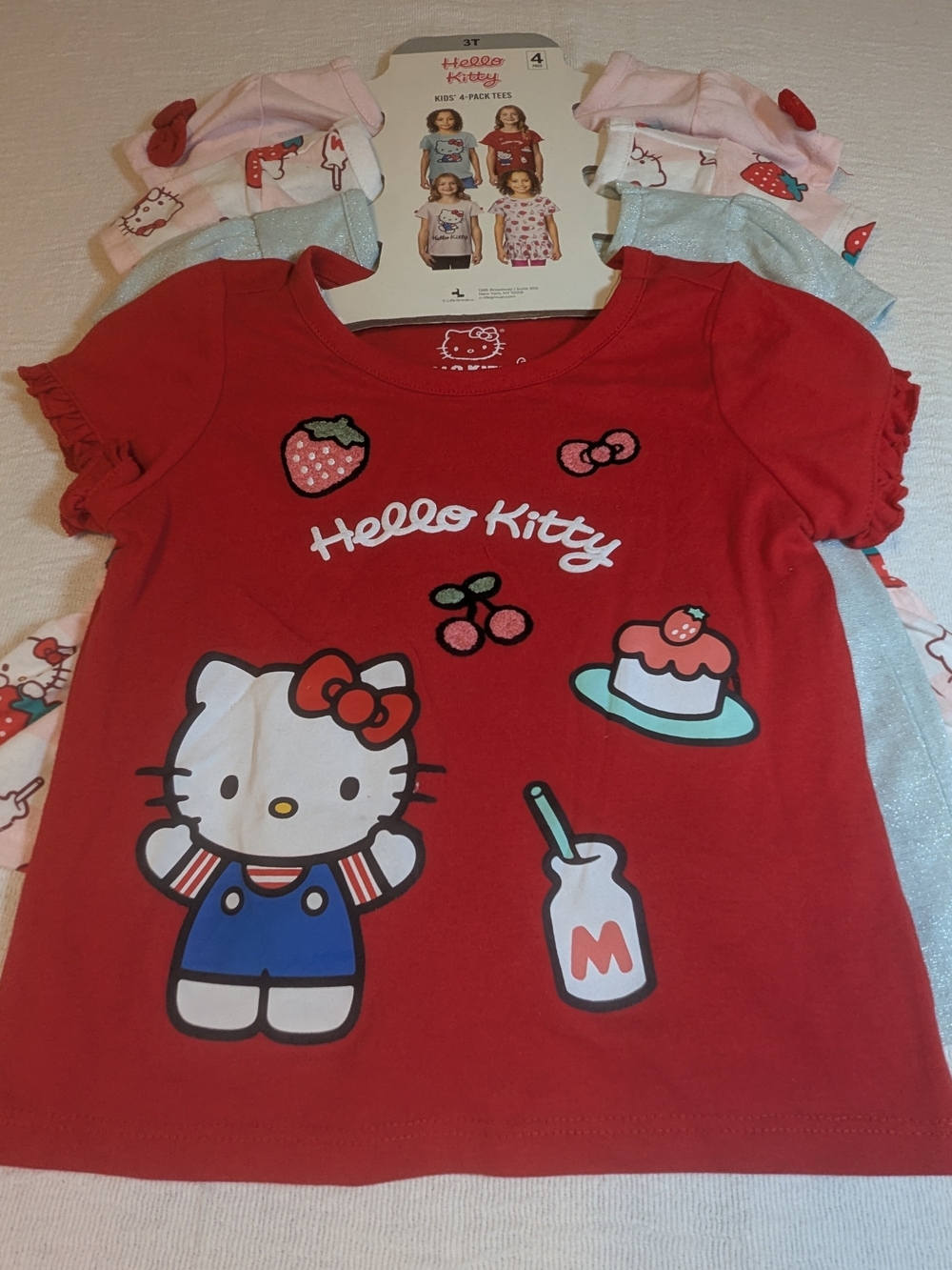 Hello Kitty Red Short Sleeve Girls' Graphic Tee with Dessert & Fruit Motifs